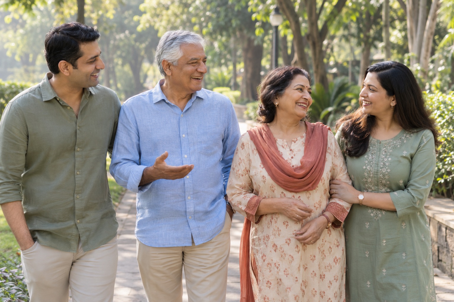 An Indian couple enjoying a morning walk with their family
